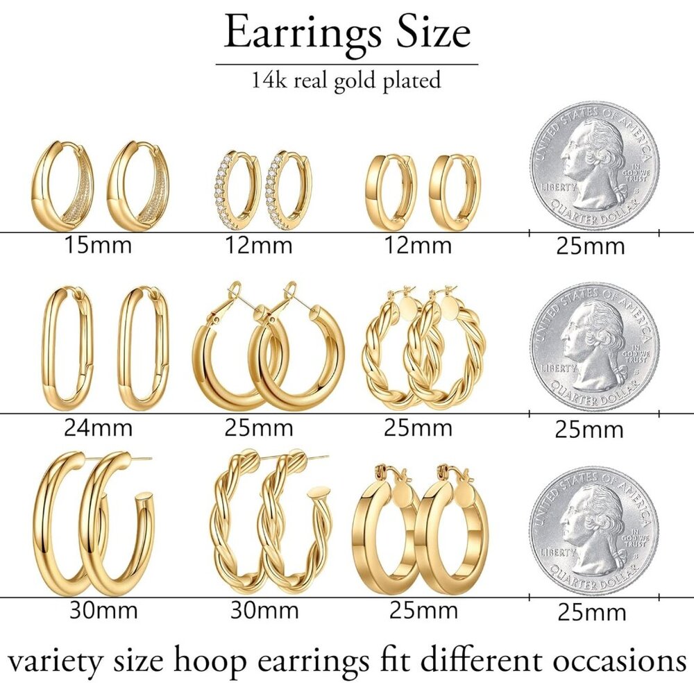 9 Pairs Gold Hoop Earrings Set, 925 Sterling Silver Post, 14K Gold Plated - Picture 2 of 6